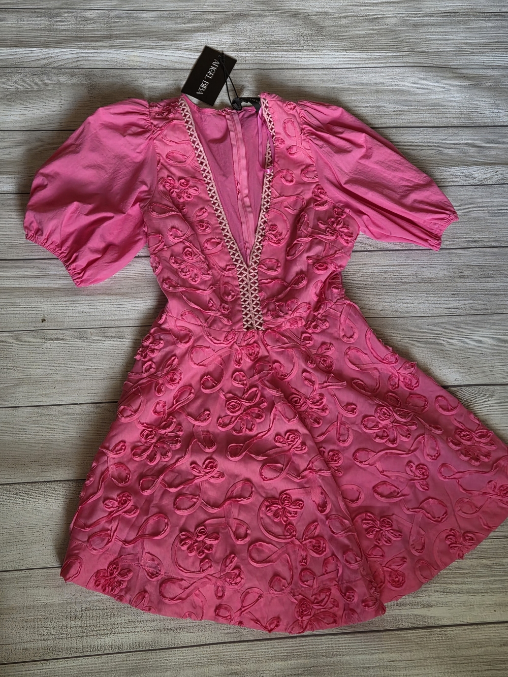 Angel Biba Hot Pink Embroidered V-Neck Mini Dress